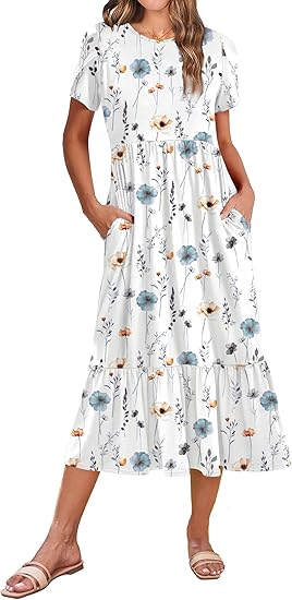 Women Summer Midi A Line Dress Short Sleeve Casual Flowy Tiered Beach Long Sundress with Pockets 2025 Vacation Travel