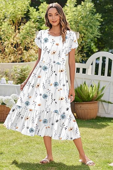 Women Summer Midi A Line Dress Short Sleeve Casual Flowy Tiered Beach Long Sundress with Pockets 2025 Vacation Travel